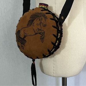 Western Style Round Horse Motif Faux Leather covered water canteen